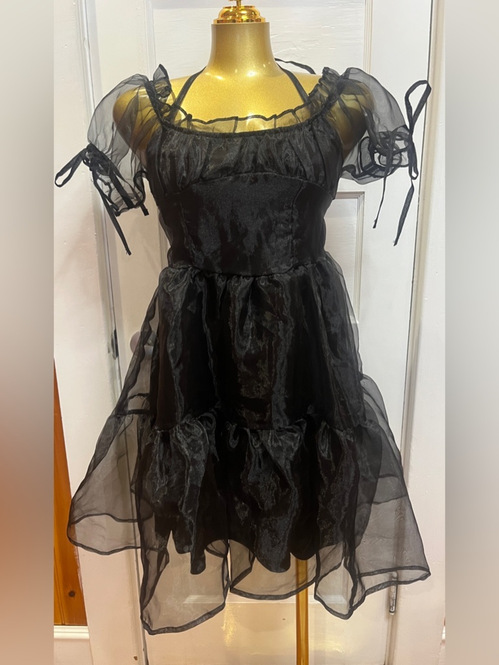 Thorn & Fable Black Organza Tiered Mini Dress - Gothic Coquette Babydoll Size XS